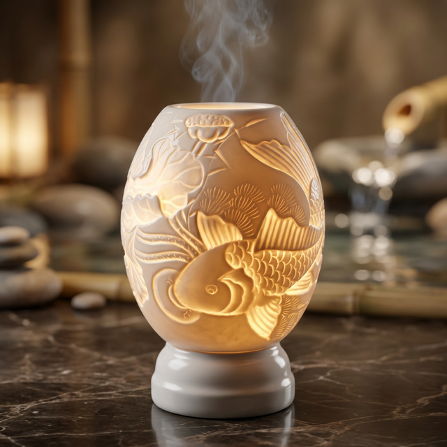 Đèn Xông Tinh Dầu Khắc Nổi (Cá Chép Hoa Sen)