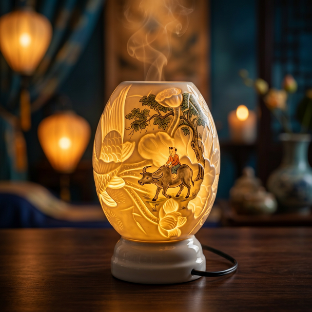 Đèn Xông Tinh Dầu Bát Tràng (Họa Tiết Mục Đồng)